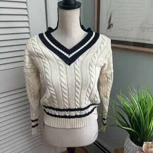 Karen Austin Sweater Womens P Cream V-Neck Pullover Tennis Prep Cable Knit 90s